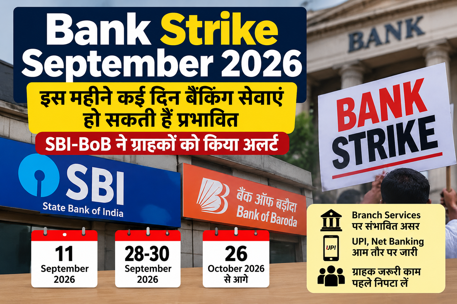 Bank Strike September 2026: इस महीने कई दिन बैंकिंग सेवाएं हो सकती हैं प्रभावित, SBI-BoB ने ग्राहकों को किया अलर्ट