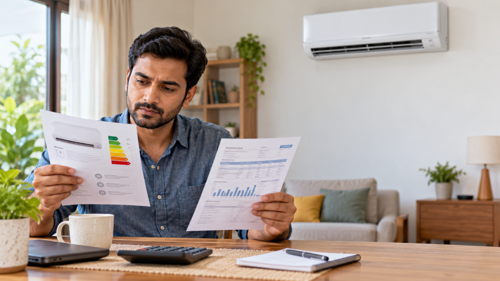 AC खरीदने से पहले ऊर्जा रेटिंग और बिजली बिल देखते हुए व्यक्ति