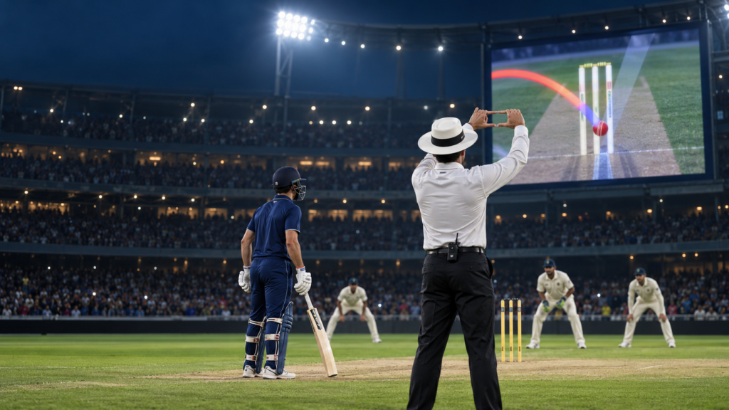 क्रिकेट मैच में DRS का संकेत देता अंपायर