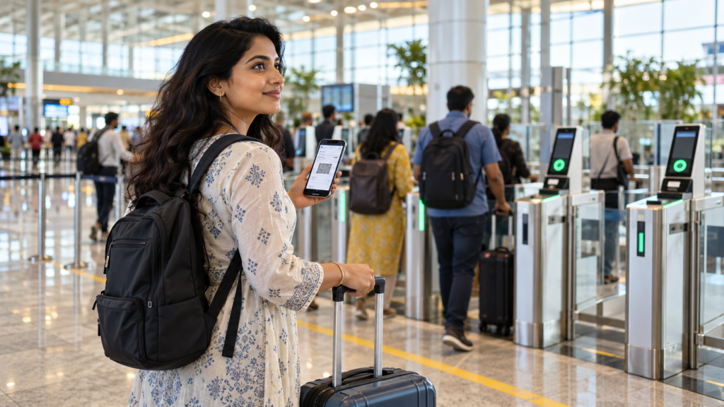 एयरपोर्ट पर मोबाइल और केबिन बैग के साथ Digi Yatra प्रवेश द्वार की ओर देखती यात्री