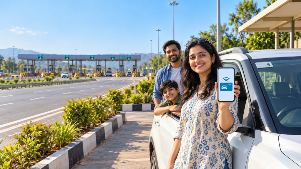 FASTag Annual Pass जाँचने के लिए रुकी हुई कार के पास फोन देखते यात्री