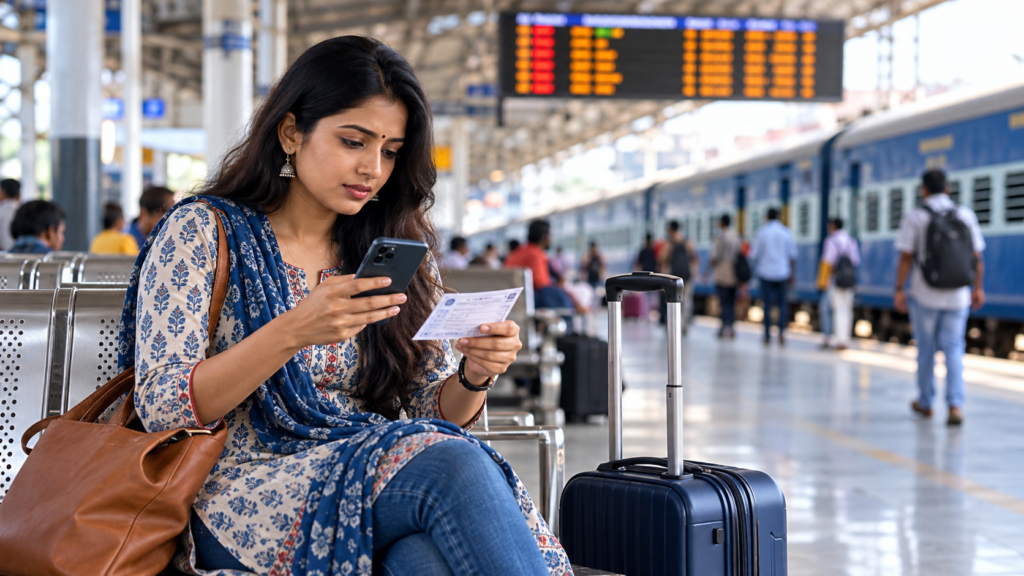 रेलवे स्टेशन पर मोबाइल से टिकट रिफंड की जानकारी देखती यात्री