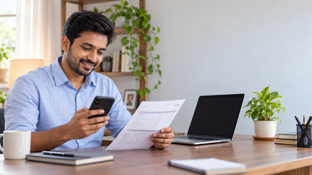 मोबाइल और वेतन विवरण देखकर अपना PF Balance जाँचता कर्मचारी
