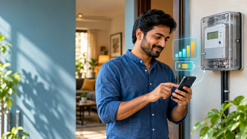 Smart Meter के पास फोन पर बिजली की खपत जाँचता व्यक्ति